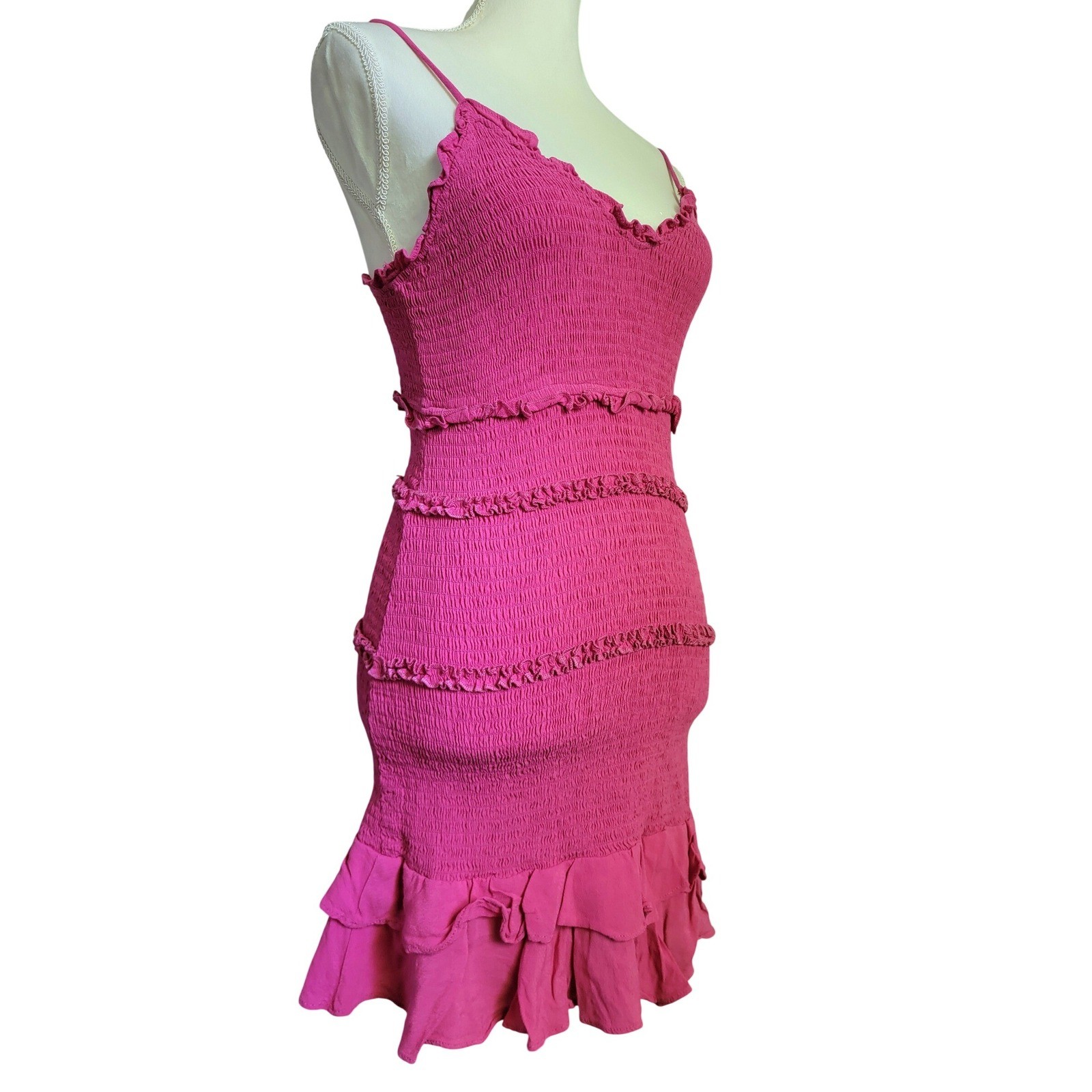 Pookie & Sebastian Pink Smocked Ruffle Sleeveless Tiered Casual Mini Dress Small