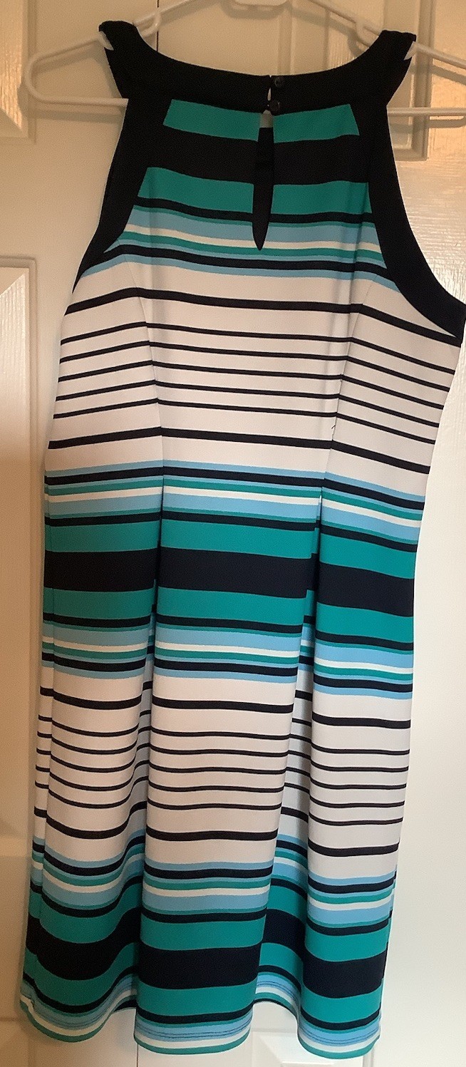 Enfocus Studio Ladies Navy, White, Teal Stripe Sleeveless Dress, Sz 10
