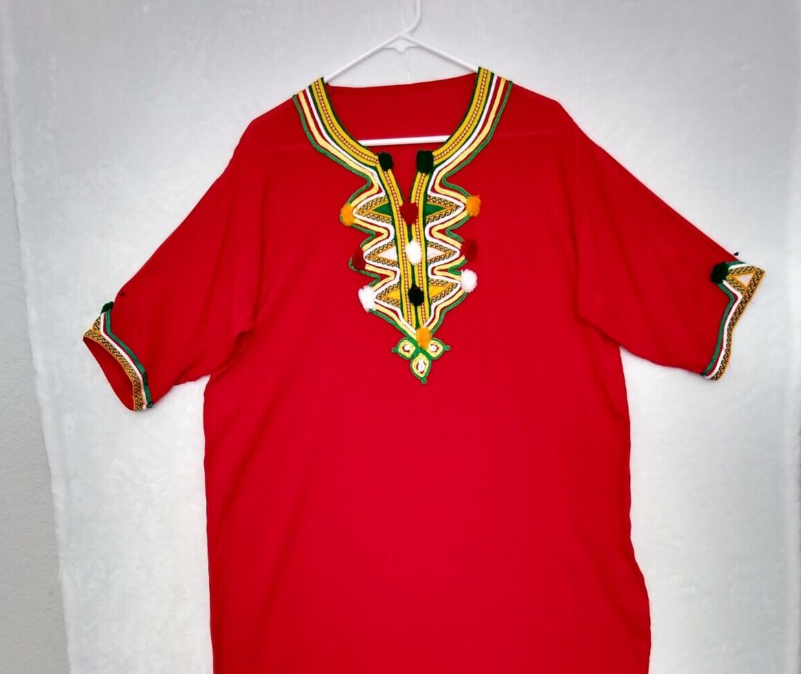 Moroccan Kaftan Gandoura Berber Clothes Handmade Dress Bohemian Red Ribbon Women