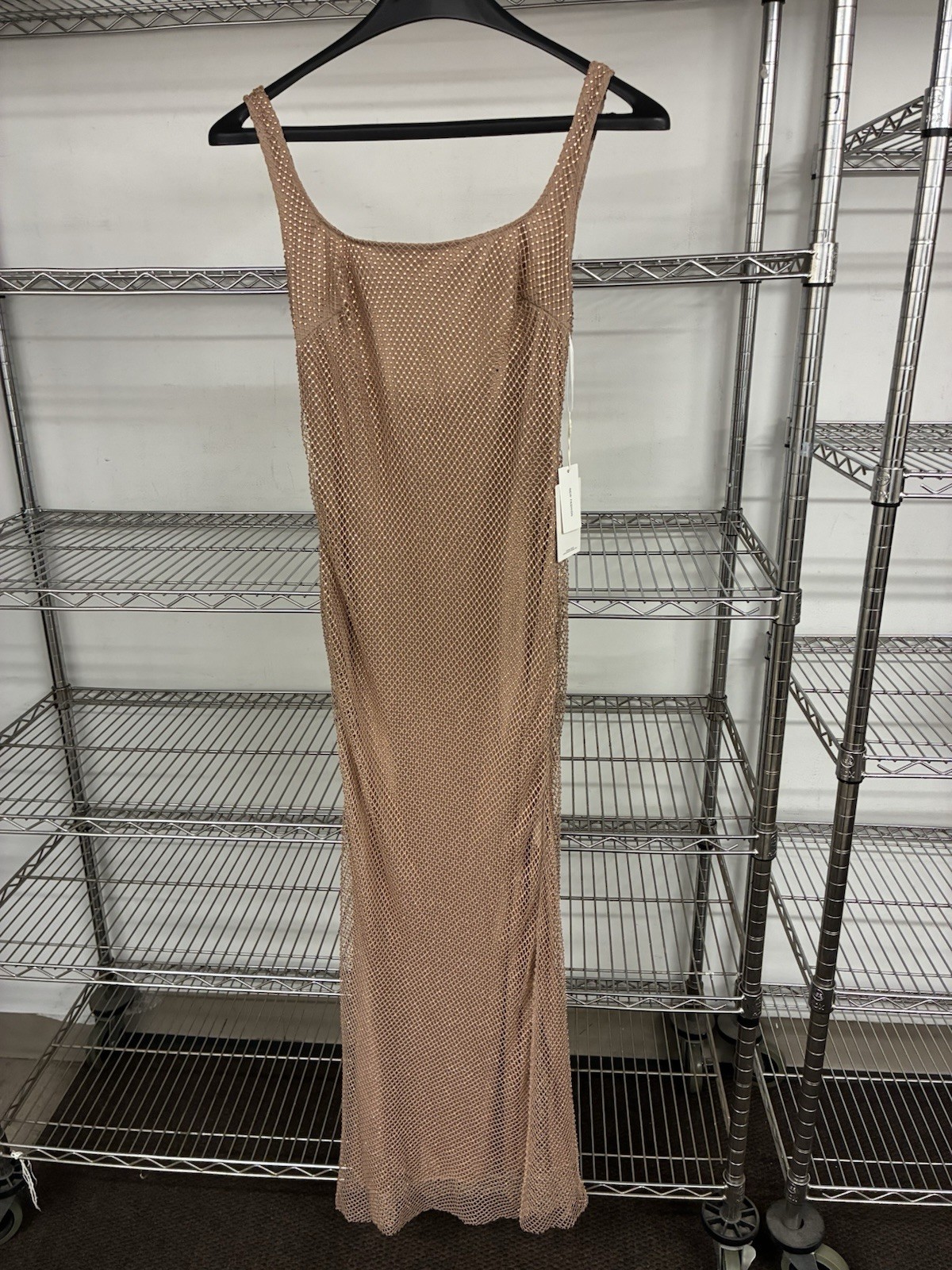Nude Beige Mesh Rhinestone Studded Maxi Dress New Fashion One Size