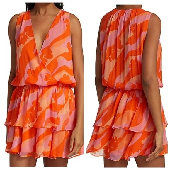Ramy Brook Dress M Womens Multicolor Short Blouson Sleeveless V-Neck Viscose