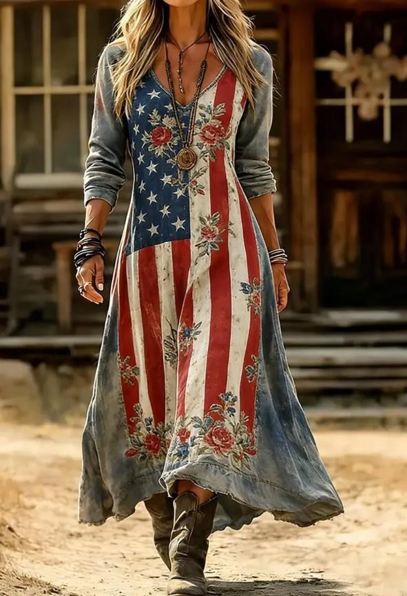 NEW NWOT Patriotic Americana Sz Medium Casual Long Sleeve Maxi Dress SERIOUSNESS