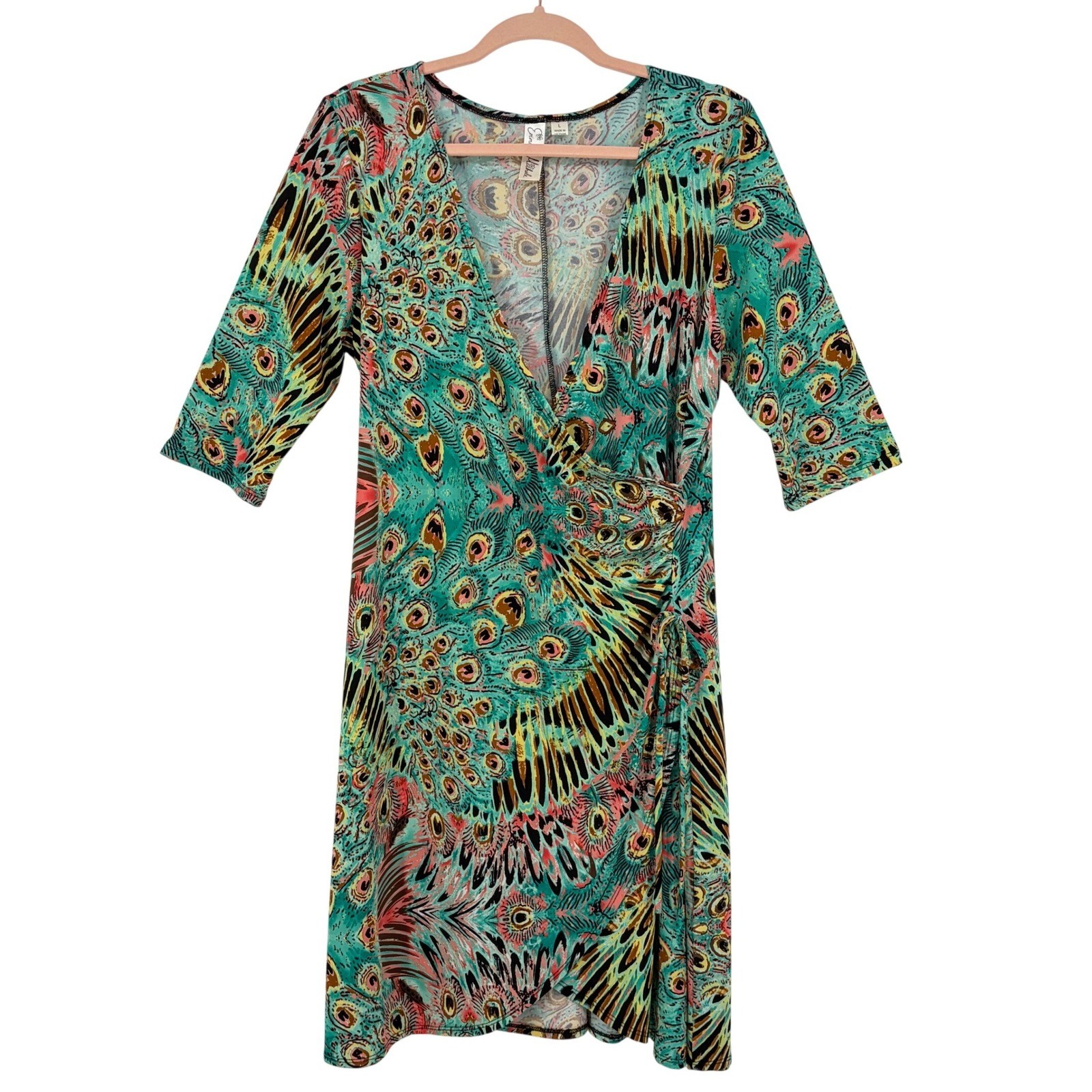 Emma & Michele Wrap Dress Women Large Teal Peacock Feather Print Ruched Art Deco