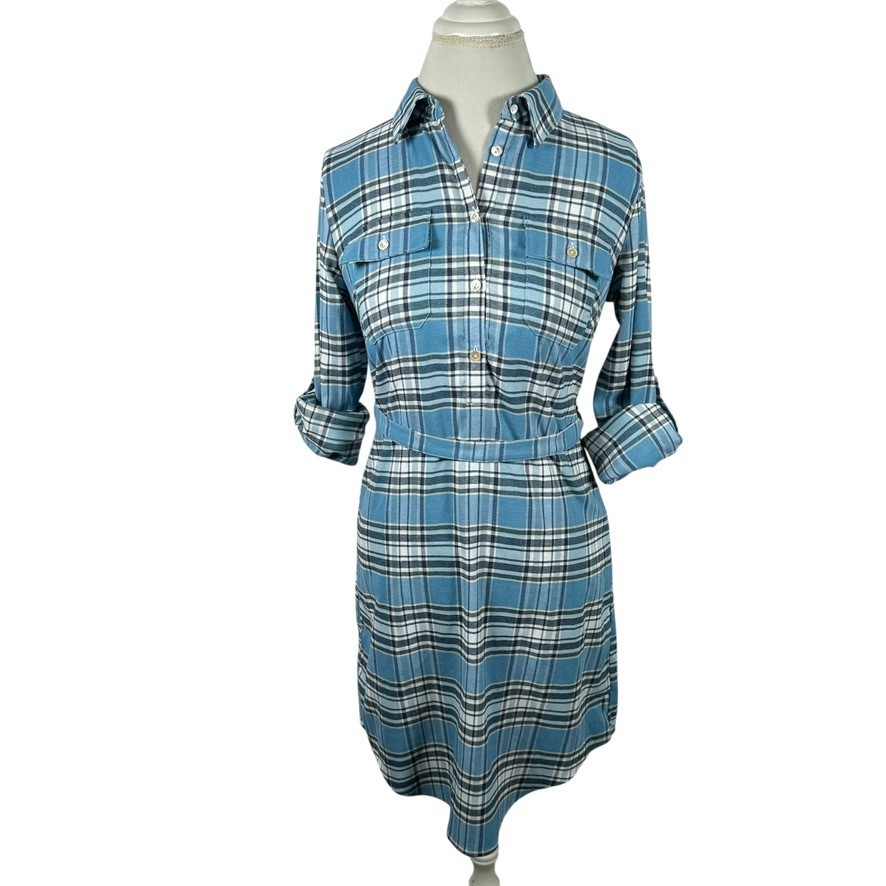 Peter Millar Blue Plaid Shirt Dress Flannel Belted Roll Tab Slvs Preppy Size S
