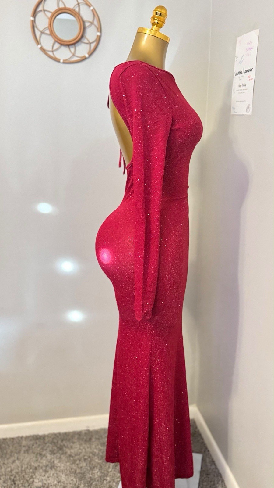 Sparkly Red Open Back Maxi Dress | Long Sleeve | Evening | Formal | Holiday