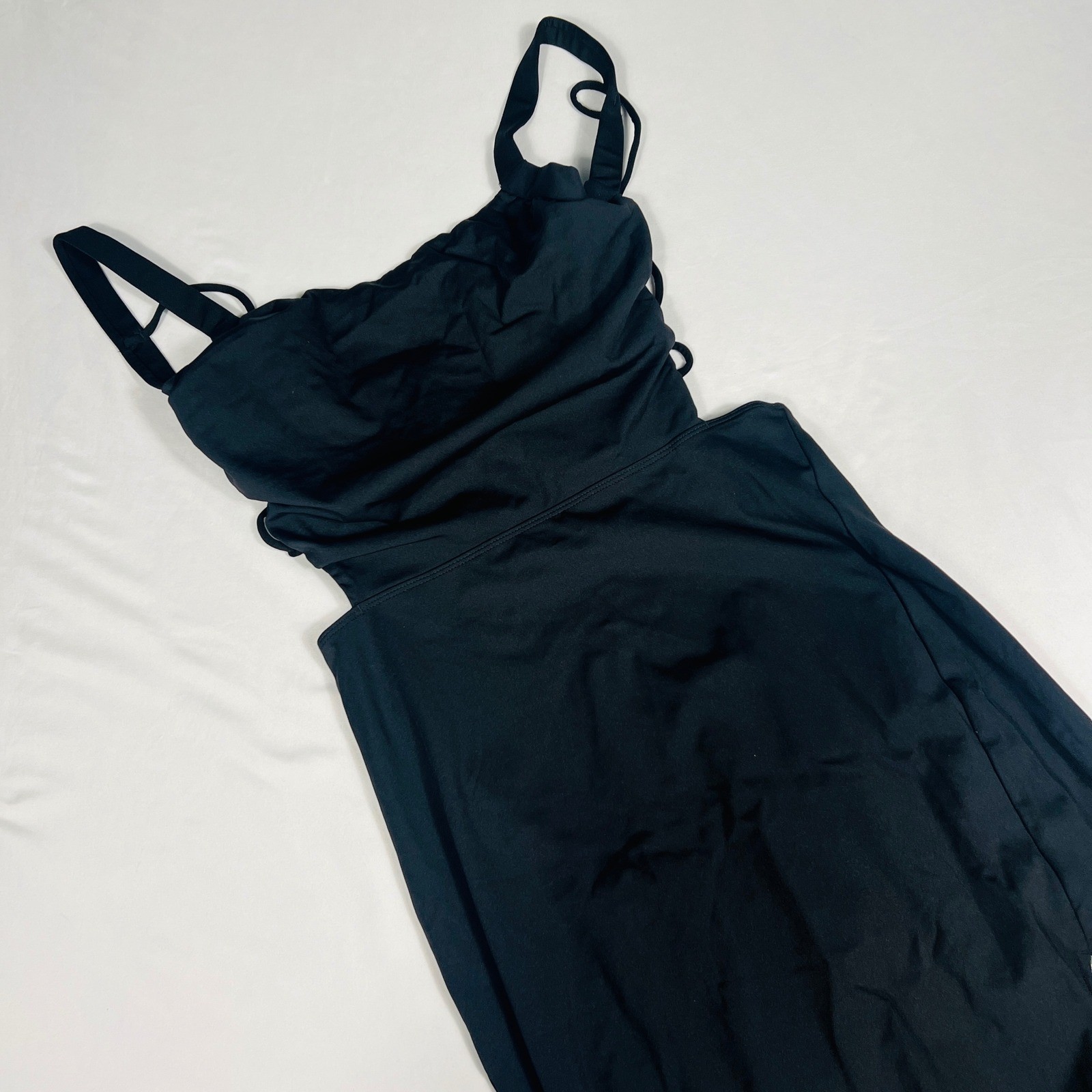 Halara Softlyzero Airy Black Midi Dress Lace Up Back Cut Out Side Slit Small NWT