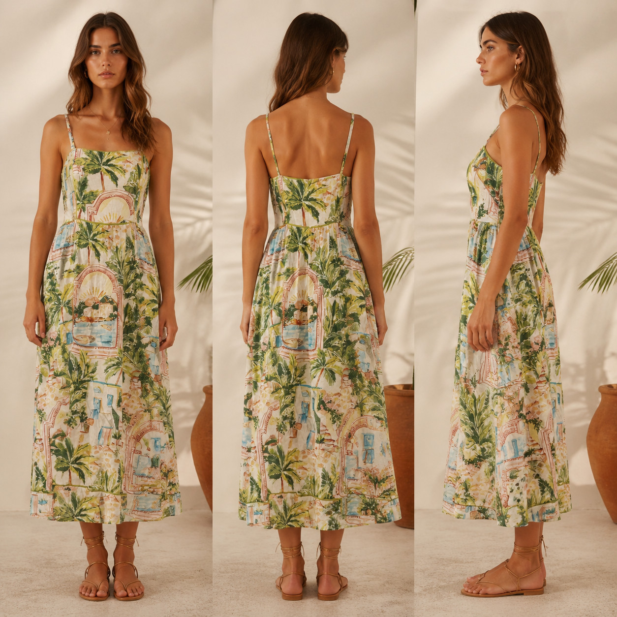 NWT The Good Journey Womens White Peach Tropical Piping Midi Sundress Size 8