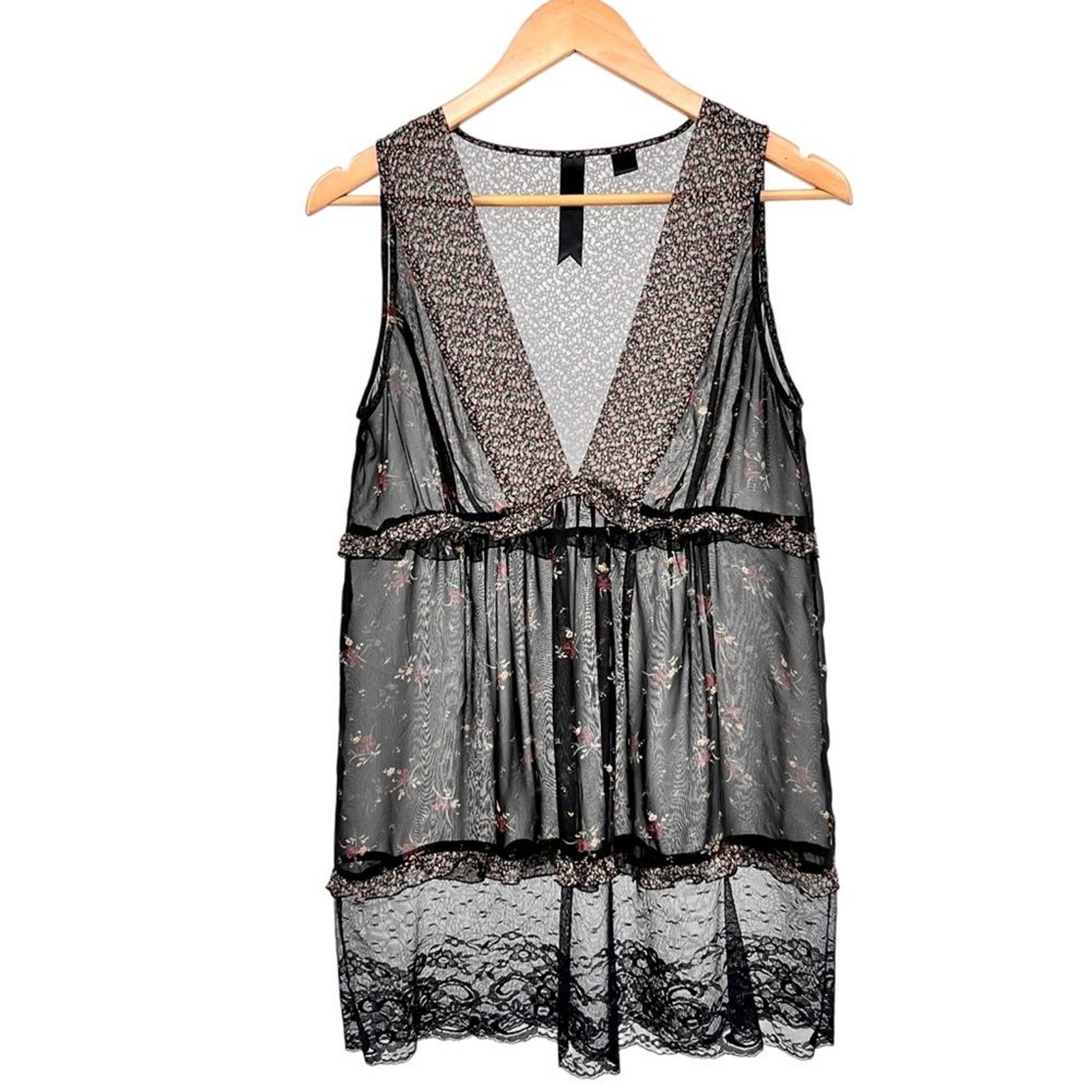 Petticoat Alley Y2K Sheer Babydoll Lace Tunic Dress Sz S Black Floral Whimsygoth