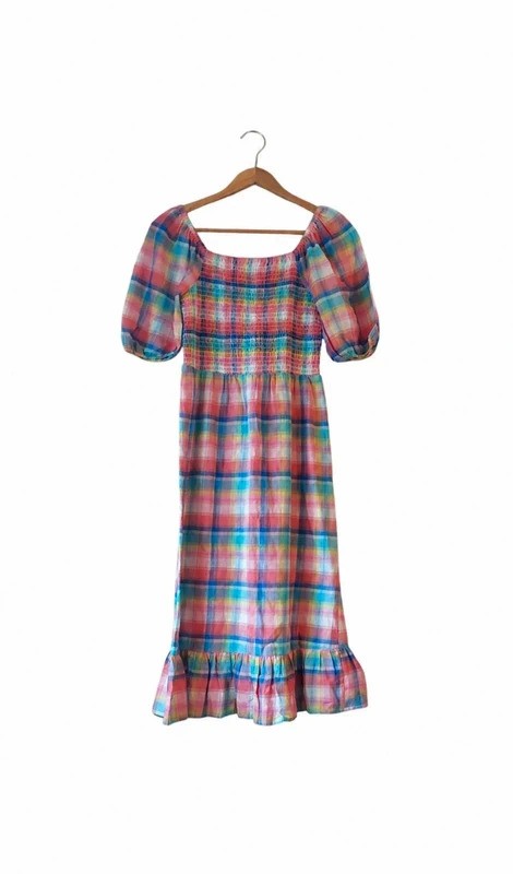 Roman multicolour candy rainbow check print midi dress with puff sleeves | Sz 10