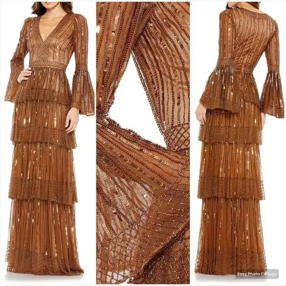 Mac Duggal Copper Sequin Stripe Long Bell Sleeve Tiered Ruffle Gown Size 20 $698