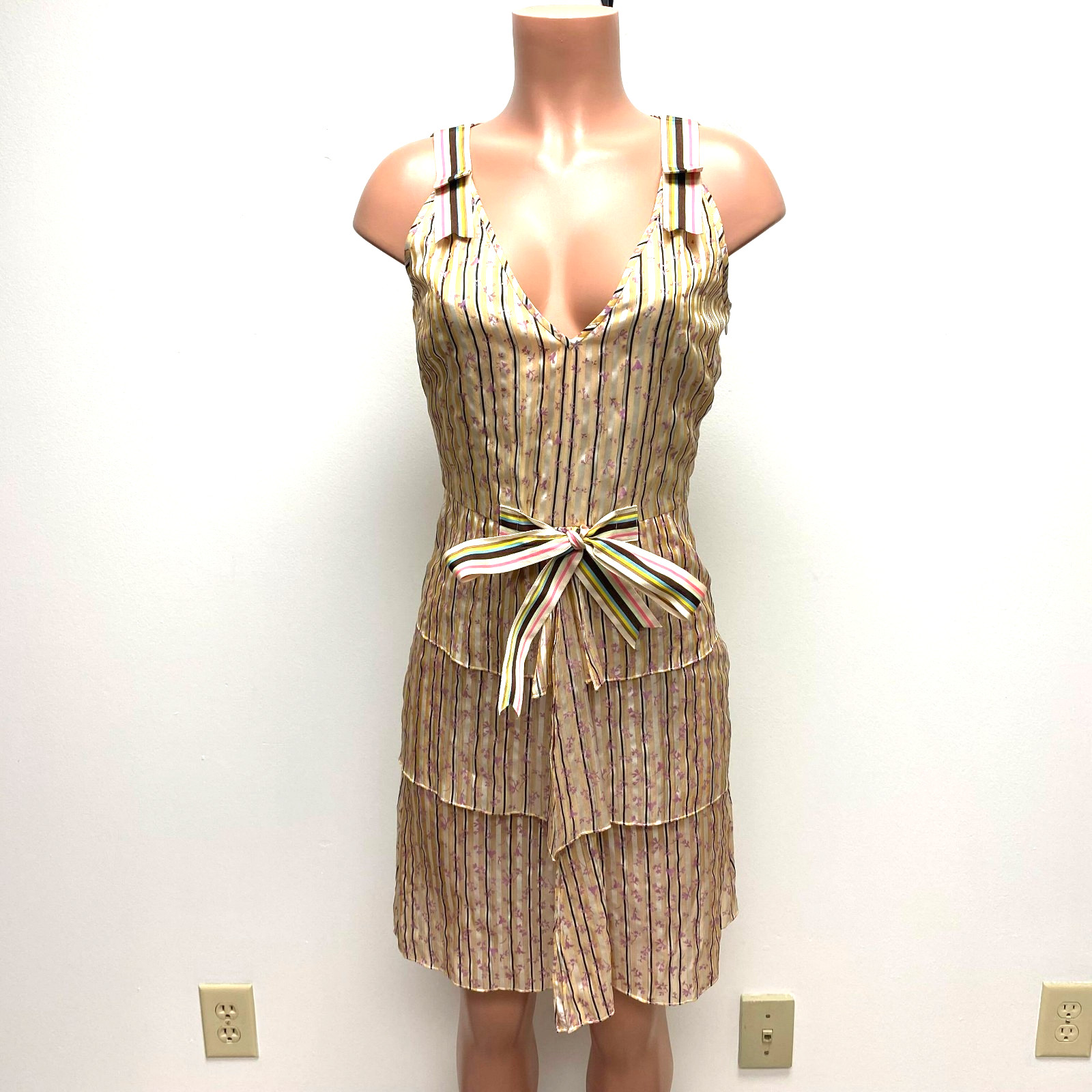 VTG Cynthia Rowley Cream Black Striped Floral Silk V-Neck Bow Tiered Dress 6 New