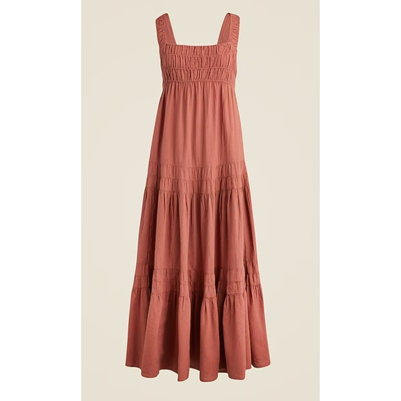 J.Crew Airy Gauze Tiered Maxi Dress WMNS S Dark Salmon Sleeveless Smocked CI269