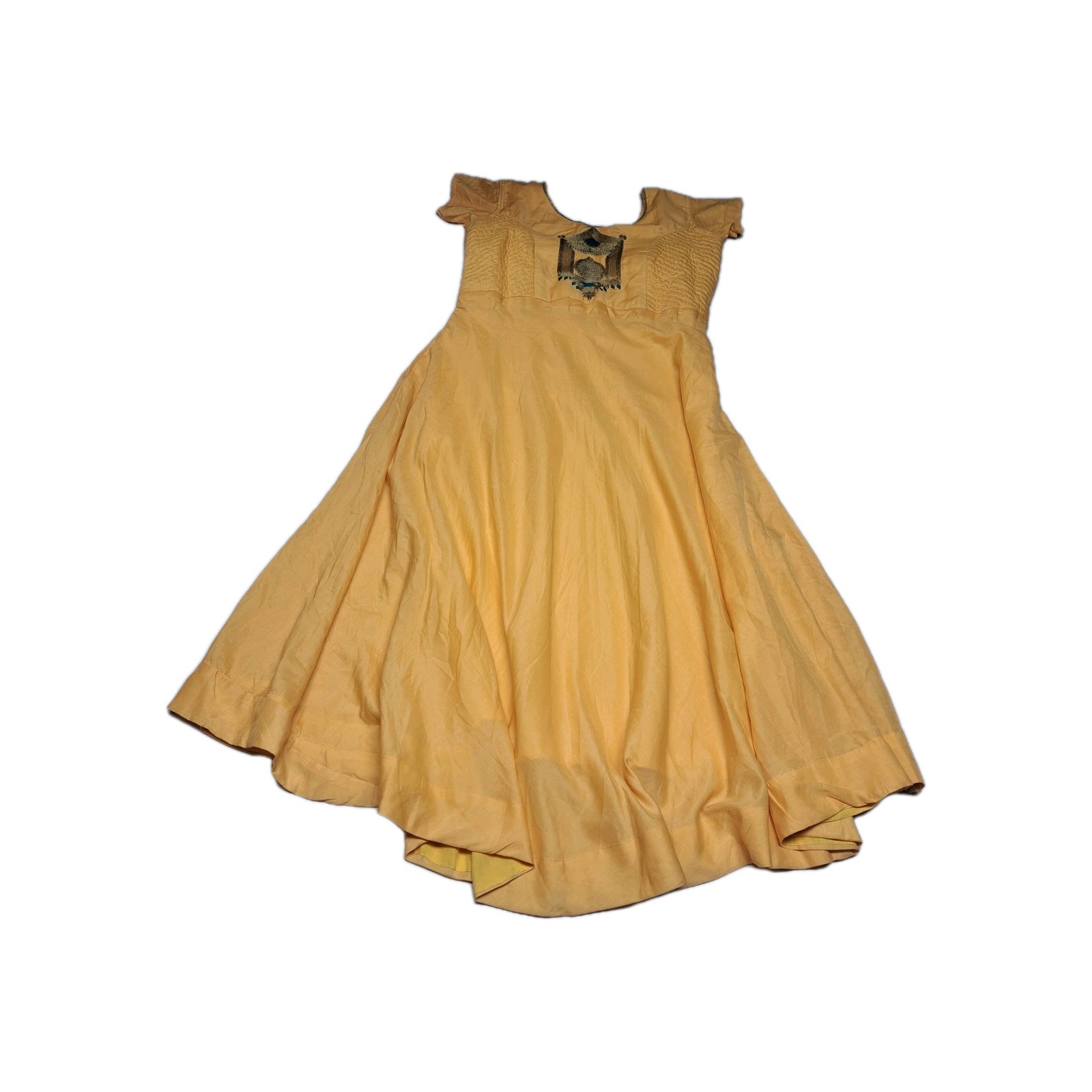 Boho Mustard Yellow Midi Dress Embroidered Smocked Bodice NWT Cottagecore Sz S