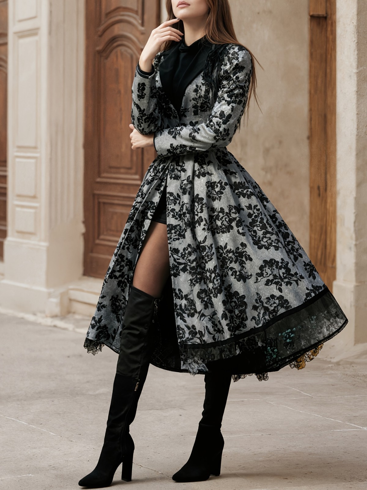 New Women’s Evening Dress, Lace Decoration, Collar, Flower Print Press