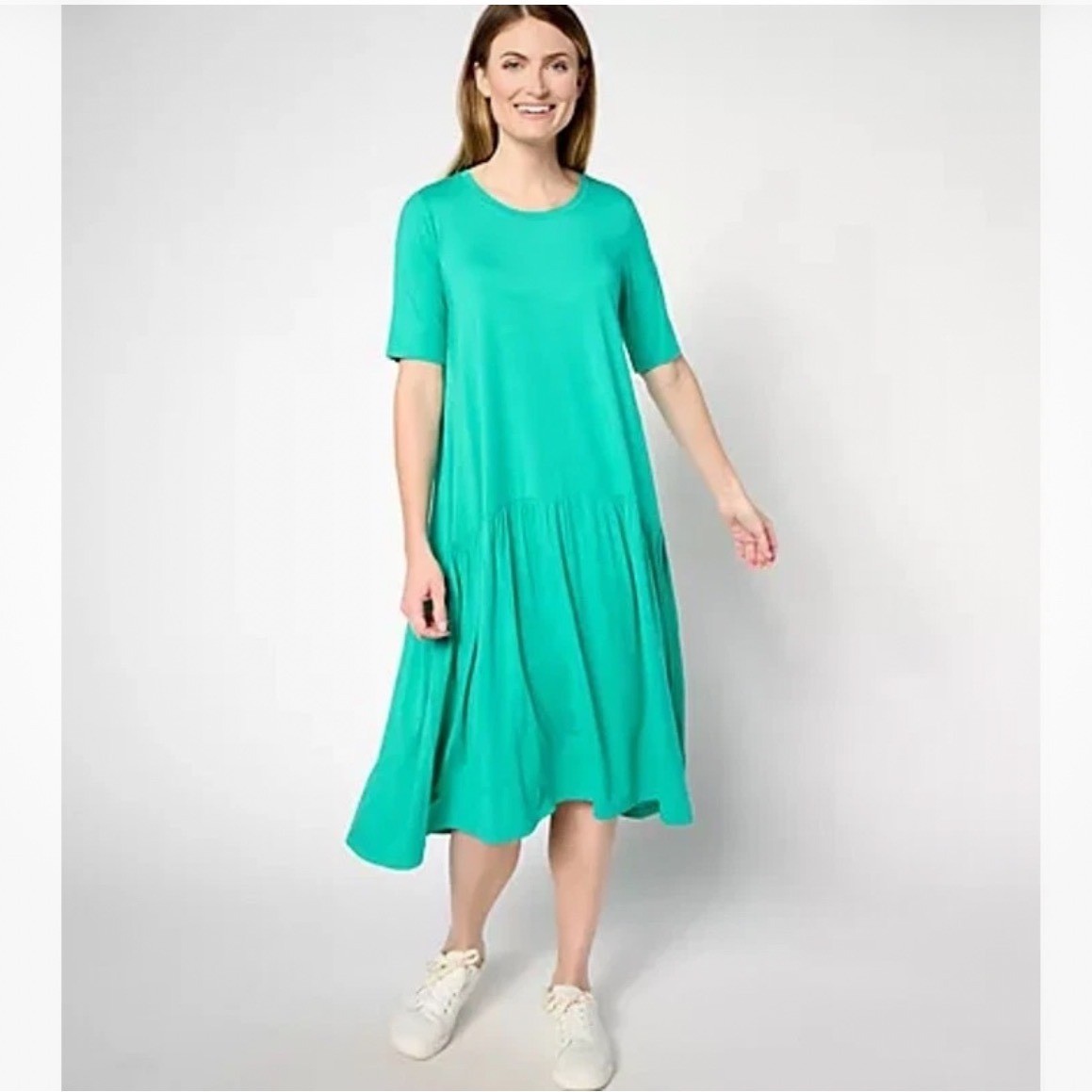 LOGO Lori Goldstein Women’s XS Teal Green Tiered Knit Dress Short Sleeve Pockets