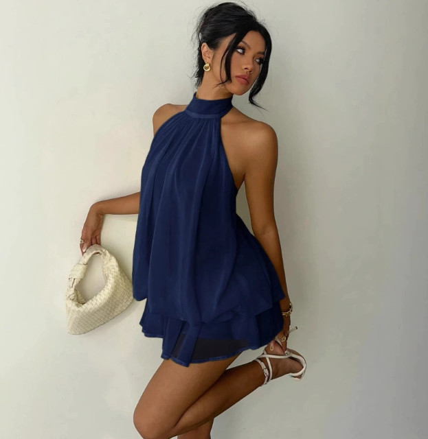 Womens Halter Neck Backless Mini Dress Sleeveless Ruffle Tiered Flowy Sundress