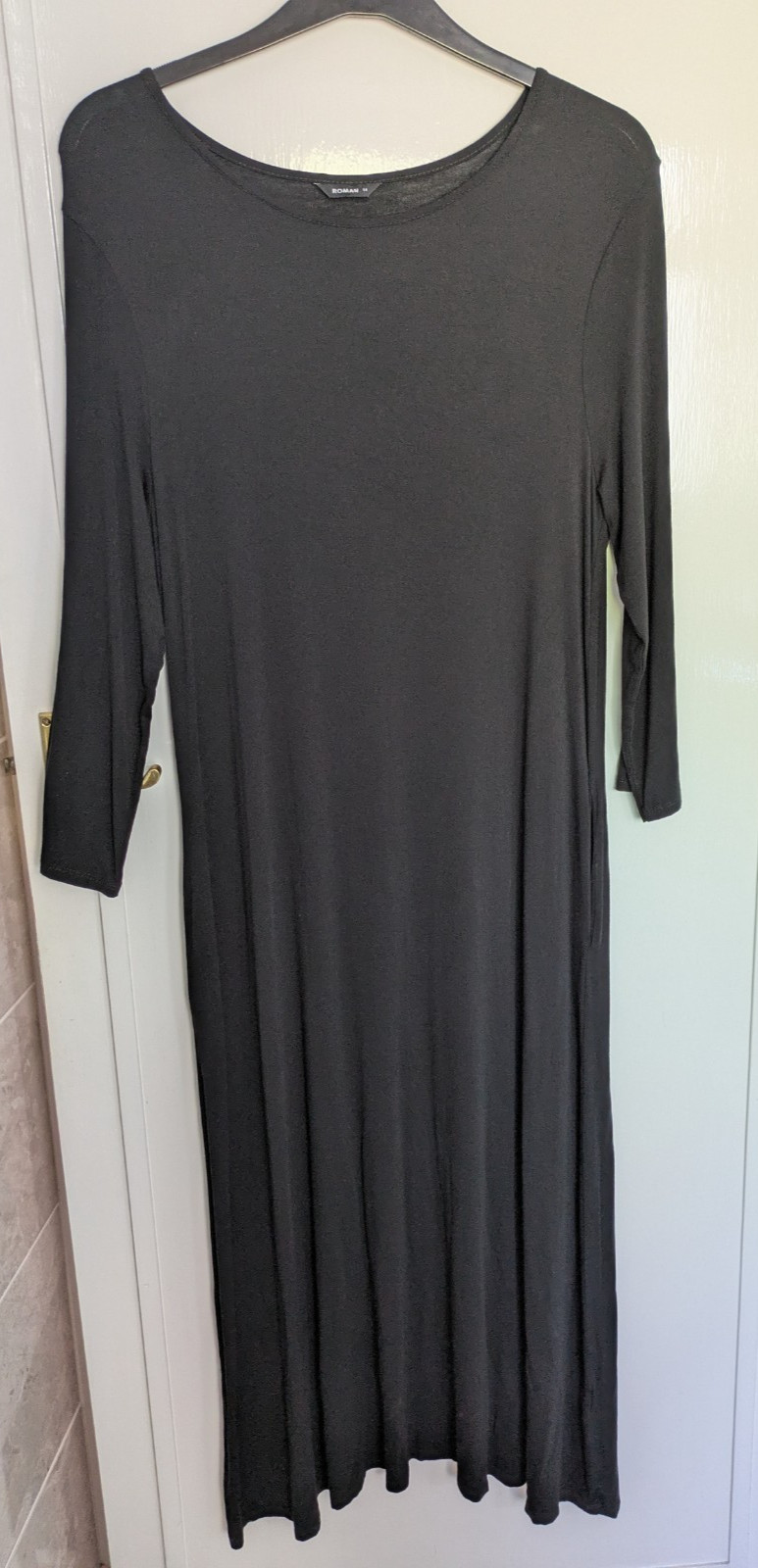 Roman Black Maxi Dress Round Neck 3/4 Sleeve Long Regular Size 14 used good cond
