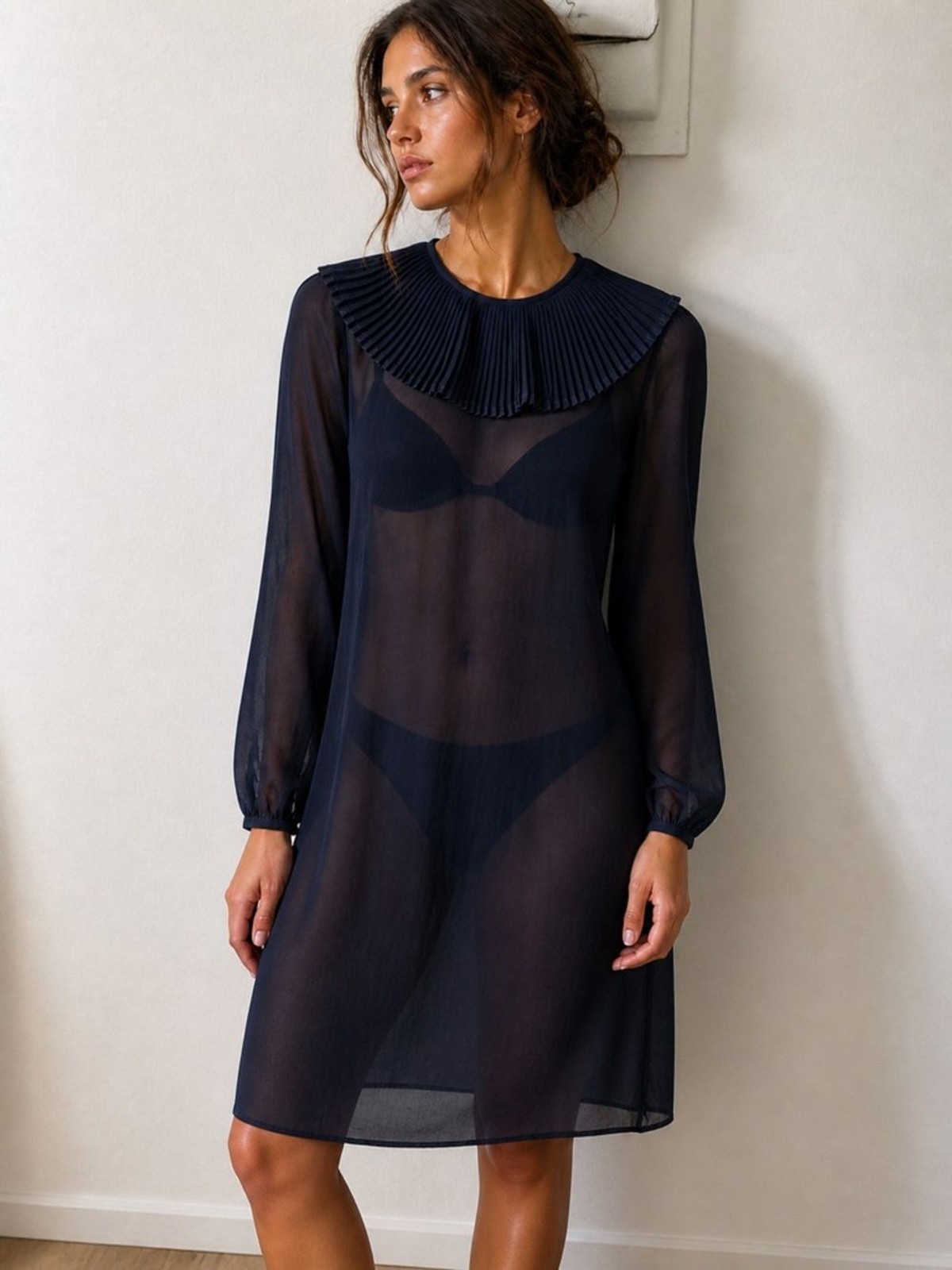 Kohler Navy Sheer Pleated Collar Knee-Length Dress