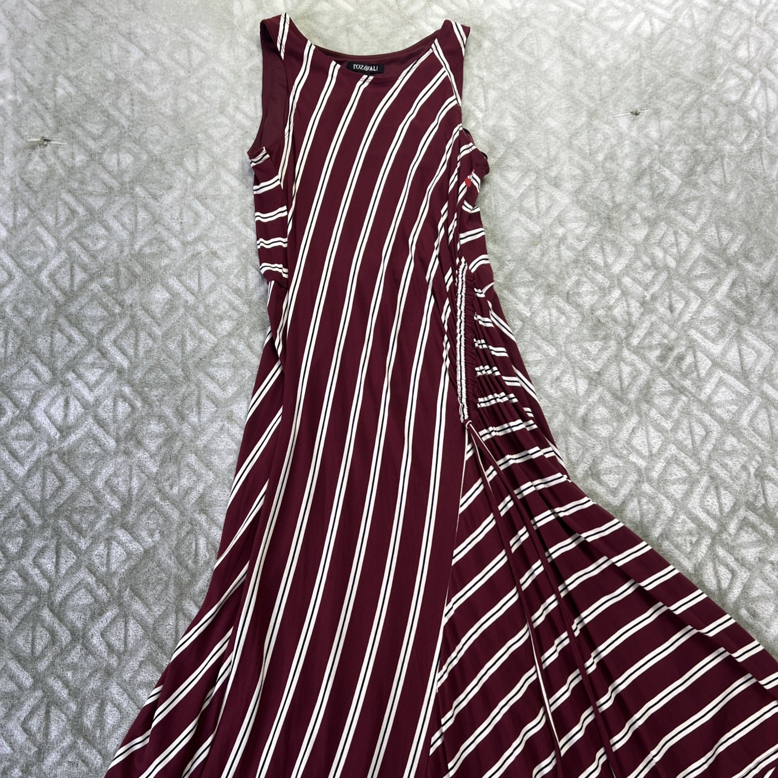 Roz & Ali Women Dress Med Red Striped Sleeveless Tank Swing Ruched Round Neck
