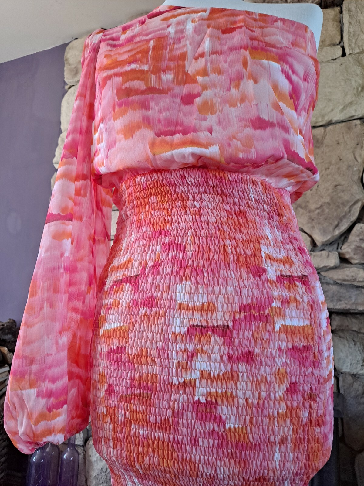Beach City One Shoulder Pink Orange Dress Elasticated Runched Skirt Size S BNWT