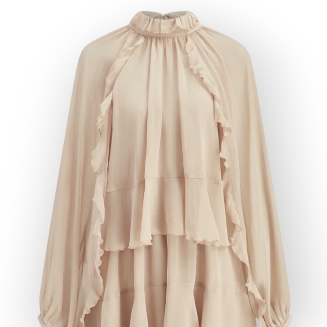 Commense Blush Semi-Sheer Chiffon Ruffle Mini Dress Cape Sleeve Overlay – Size L