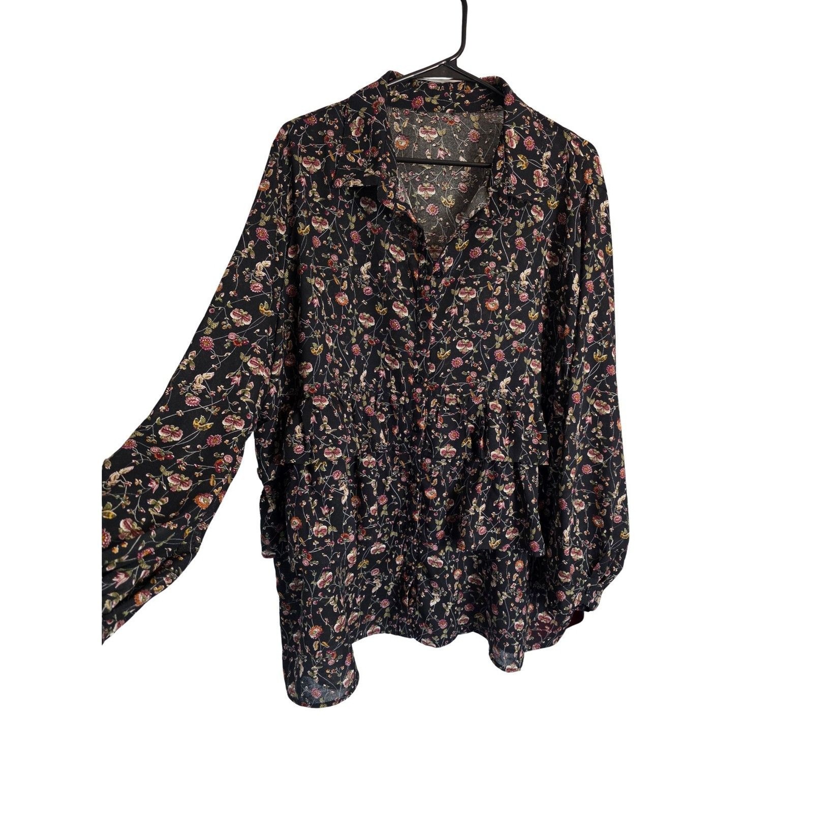 Boho Black Ditsy Floral Button Down Peplum Blouse Tiered Ruffle Top