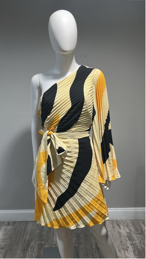 Milly One Shoulder Linden Zebra Pleated Mini Dress Size 8 Beige Yellow Black