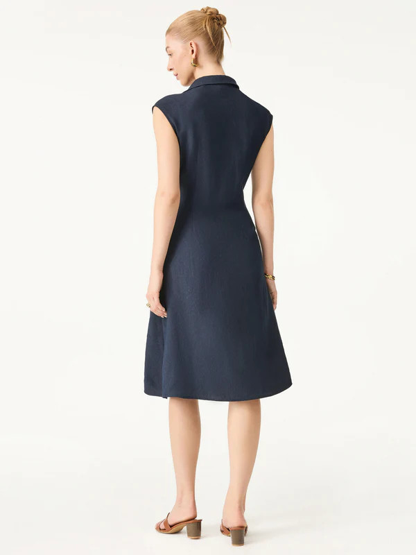 OGL – Viscose-Linen Collared V-neck Midi Dress with Drawstring