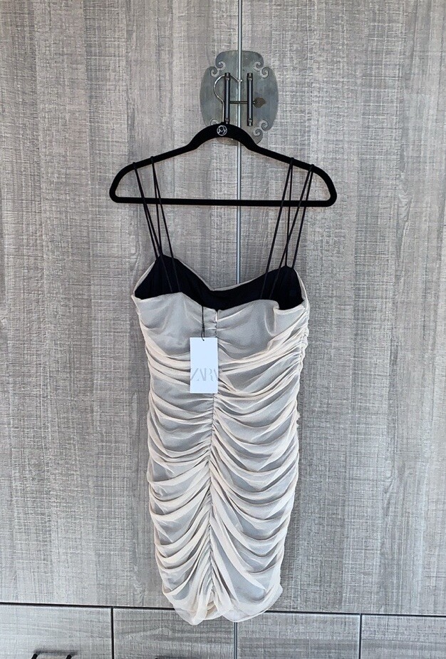 Zara Mesh Sleeveless Folds 3D Flower Mini Dress
