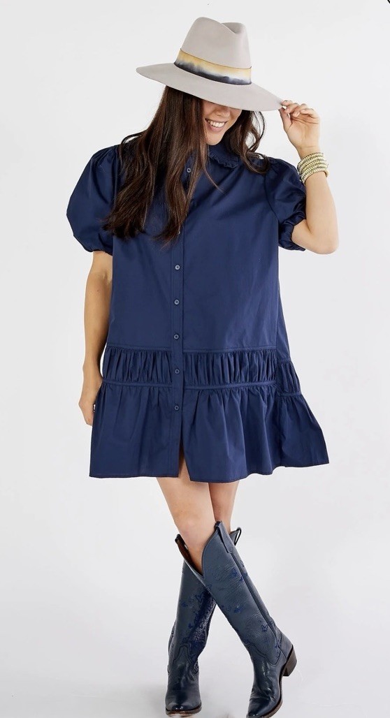 Caryn Lawn Smith Dress Pockets Navy Blue One Size Ruffle Hem Short Sleeve Mini