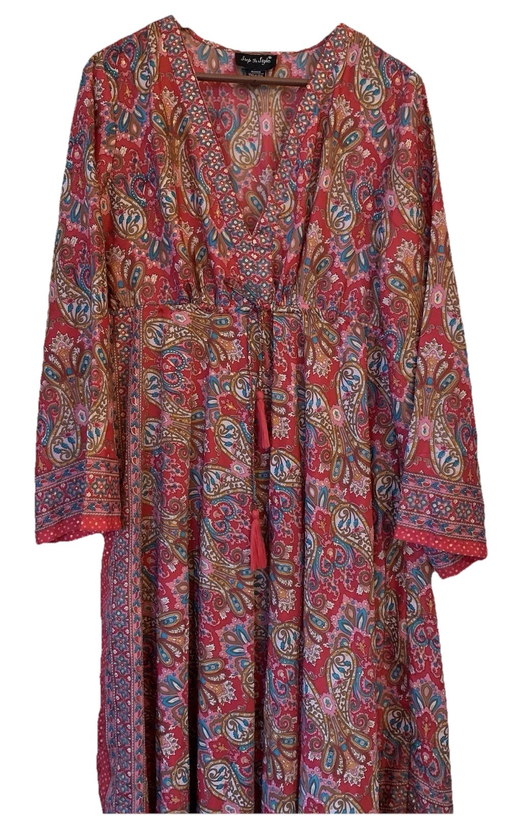 NWT Step In Style Coral Pink Gold Foil Paisley Festival Boho Maxi Dress Empire M
