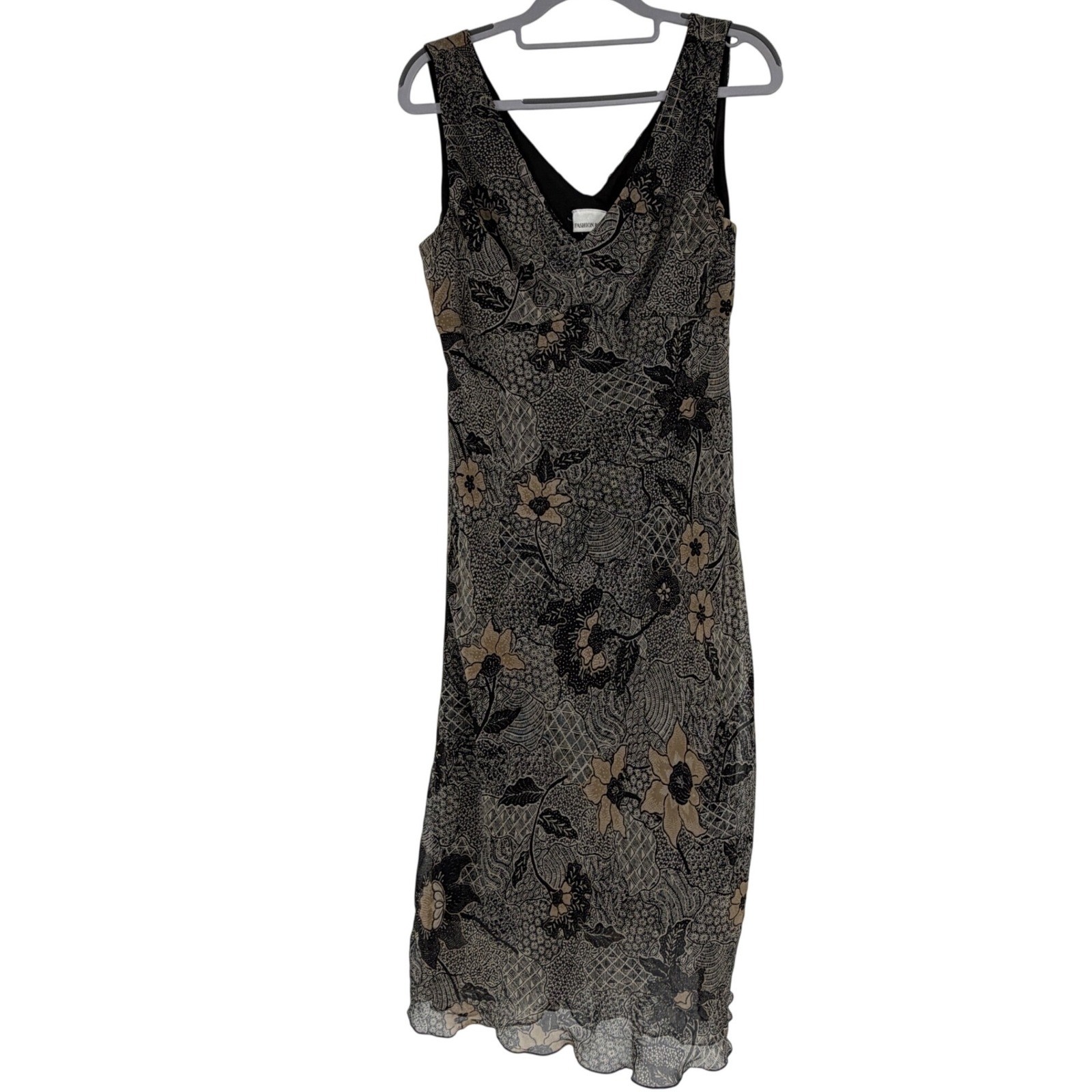 Fashion Bug Vintage Y2K Chiffon Floral Midi Dress Brown Black Sleeveless Size 10