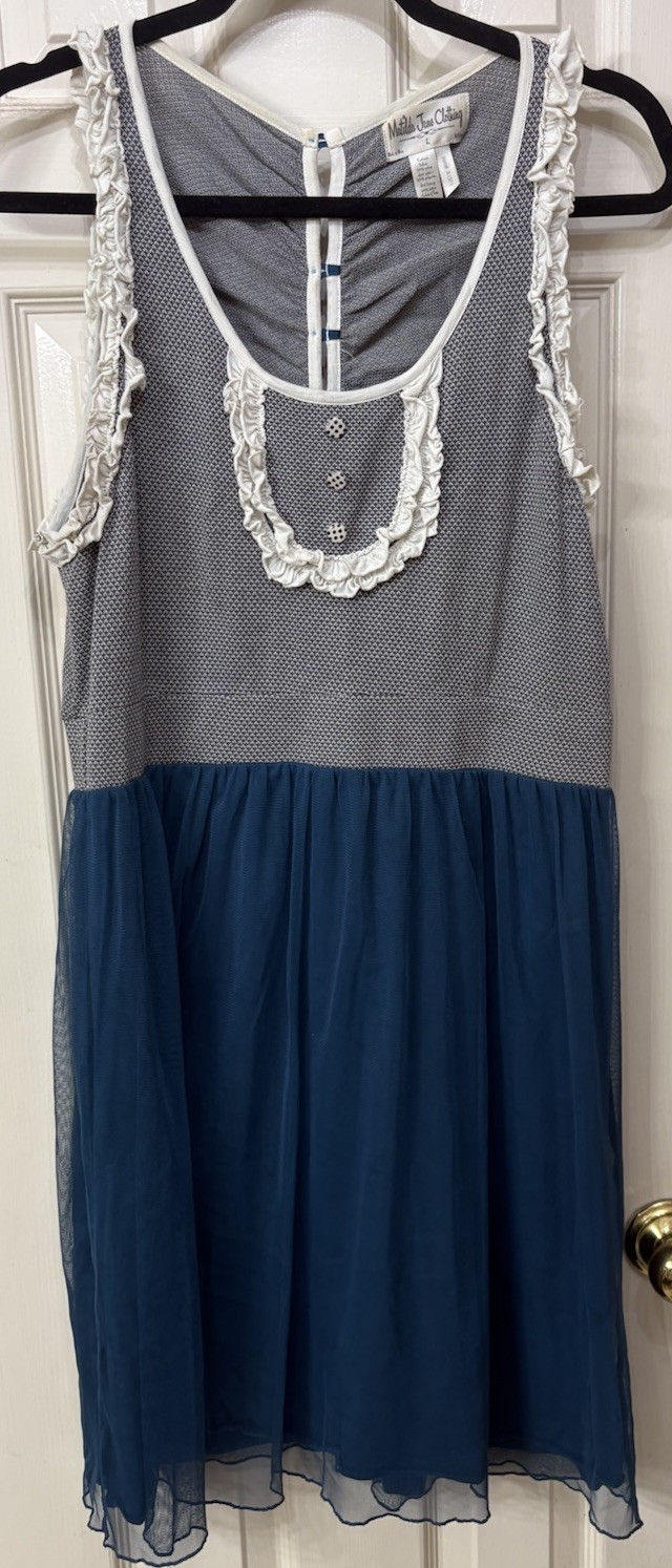 Matilda Jane Women’s Button Sleeveless Tank Dress Navy Blue Tulle Large See Pics