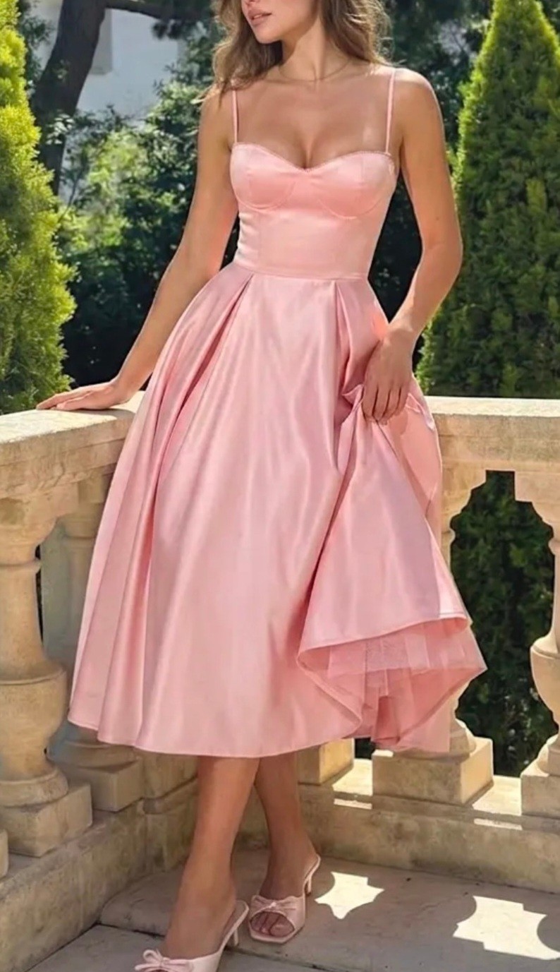 Pink Satin Sweetheart Neck Spaghetti Strap A-Line Midi Dress Womens Size M Zip