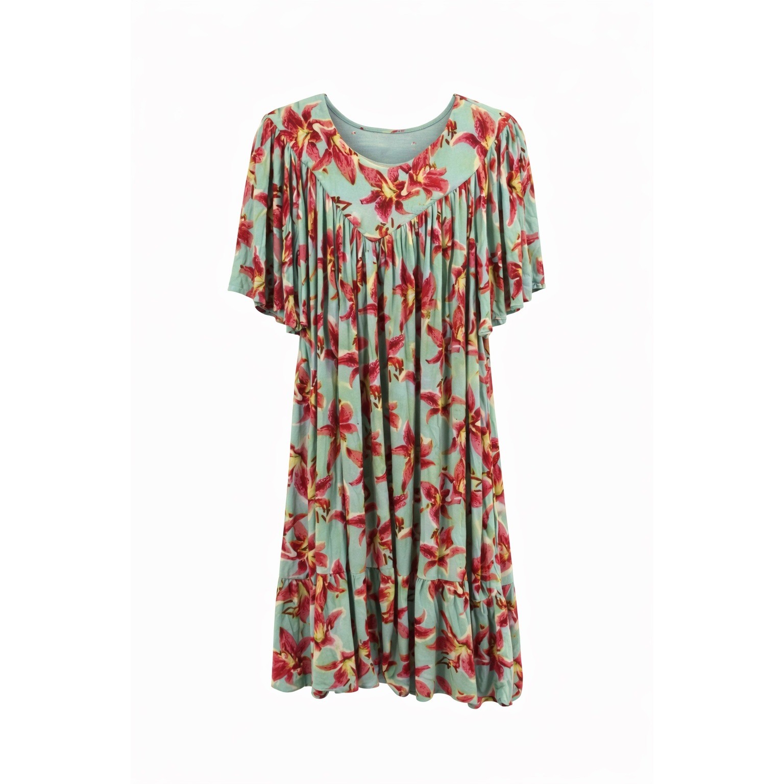 Go Softly Patio Dress Womens Large Blue Pink Lily Floral Tiered Flutter Sleeve