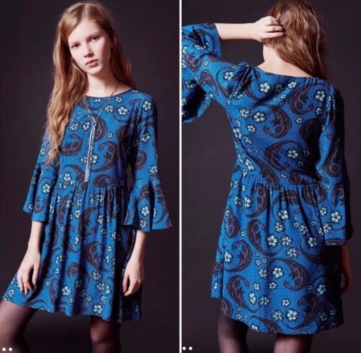 FOR LOVE & LEMONS Blue Floral Bell Sleeve Paisley Mini Dress Size Small Boho EUC