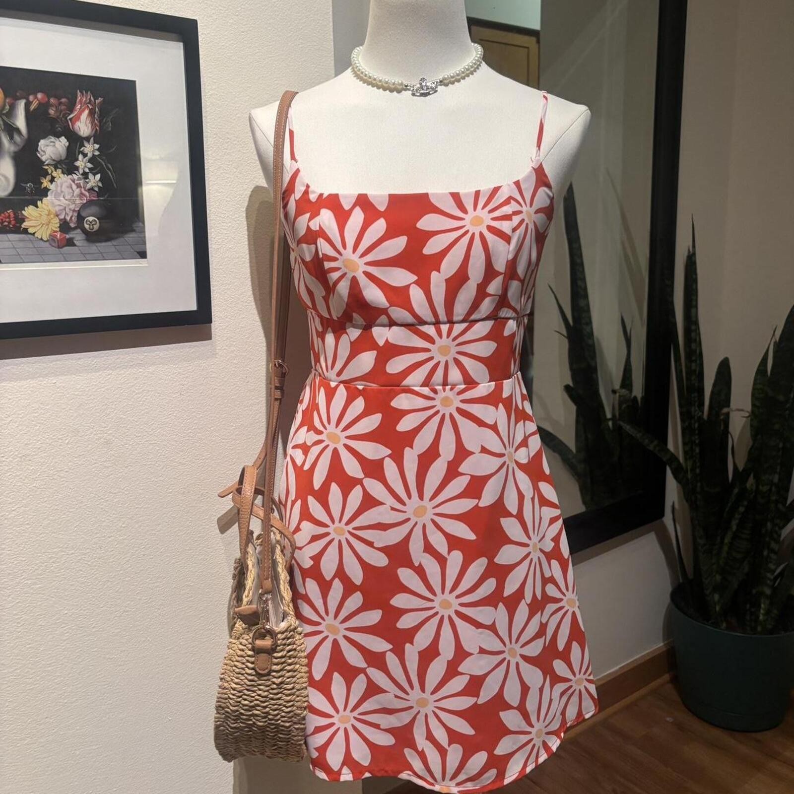 Retro Daisy Print Mini Dress Orange White Y2K Summer Beach Dress XS