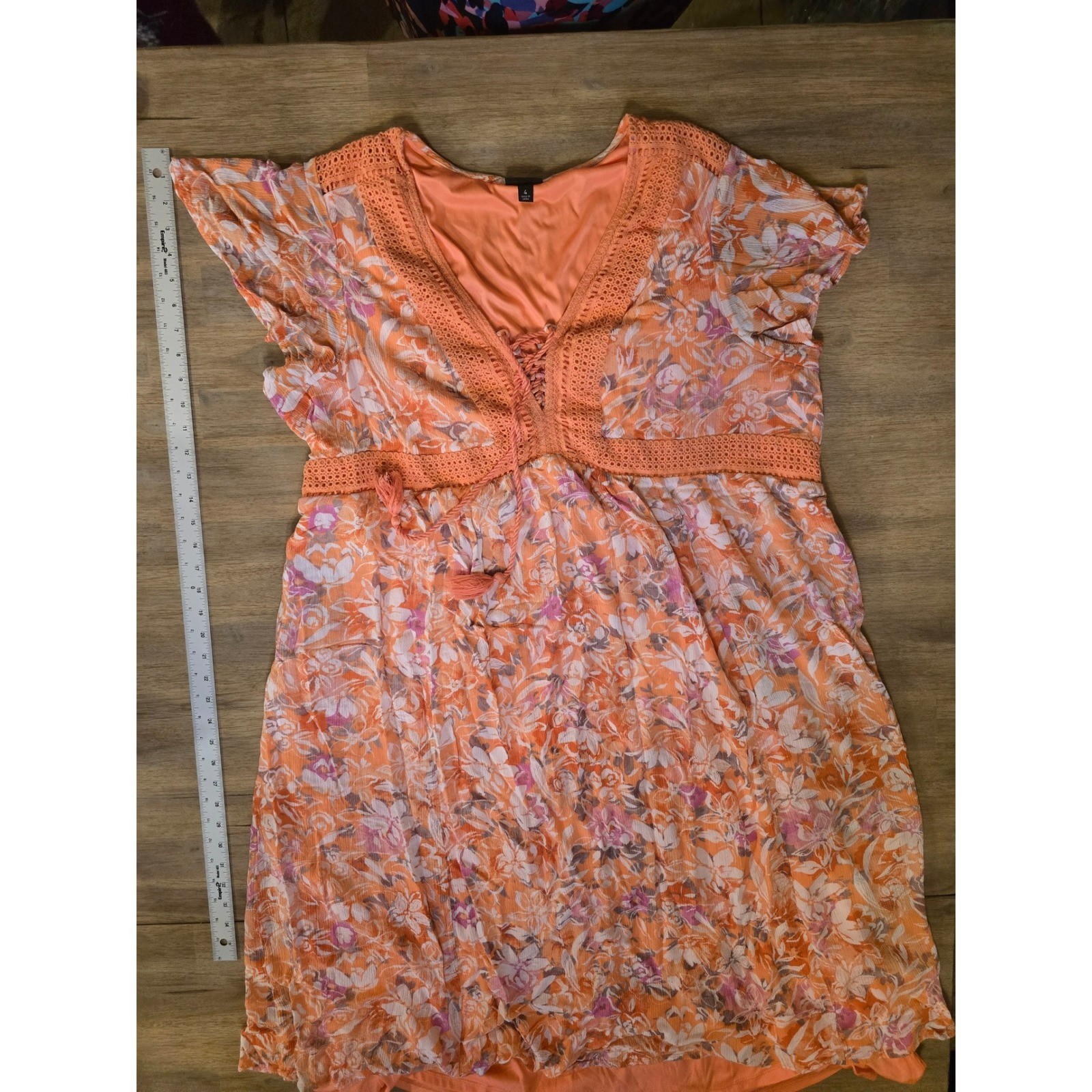 Torrid Orange Floral Crochet Lace Trim Boho Mini Dress Size 4 Tassel Trim A7