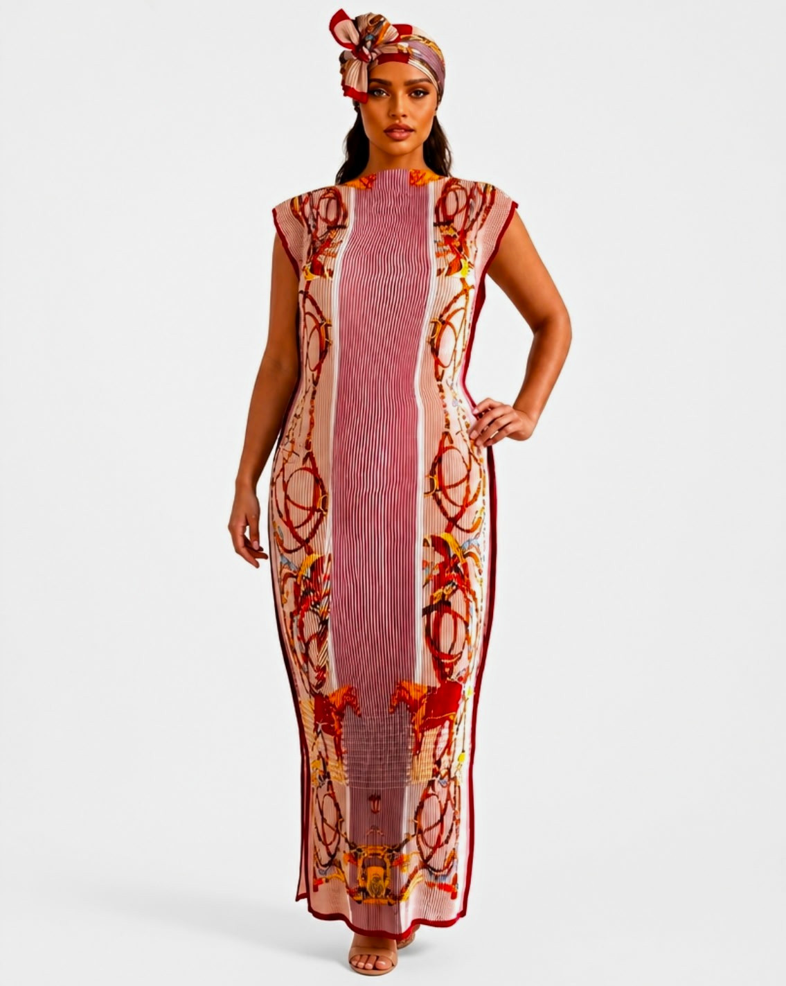 Women’s Fitted Pleated Maxi Kaftan Dress With Scarf.