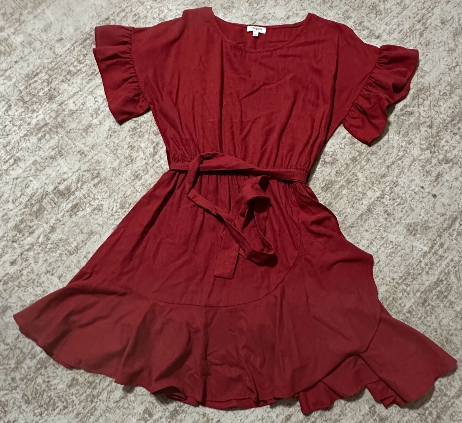 Umgee USA Burgundy Linen-Blend Ruffle Sleeve Belted Mini Dress