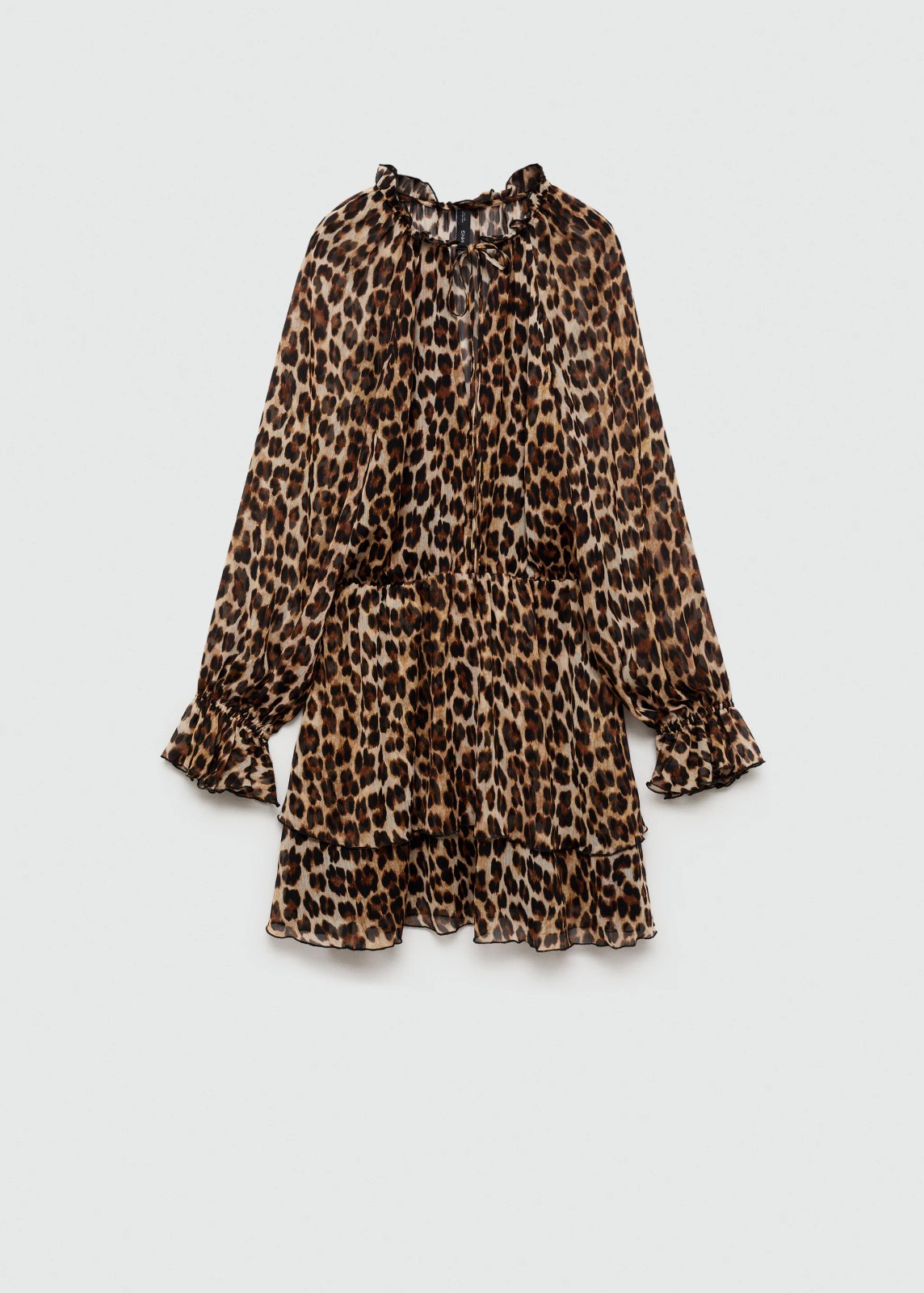 Mango Ruffle Tie Front Floaty Leopard Mini Dress Long Sleeve Brown XS RRP £56