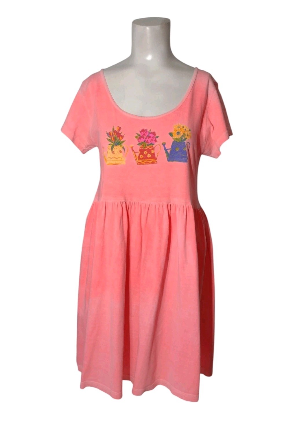 Vtg I Can Too Sport Cotton T Shirt Dress S Floral Watering Can Neon Stretch USA