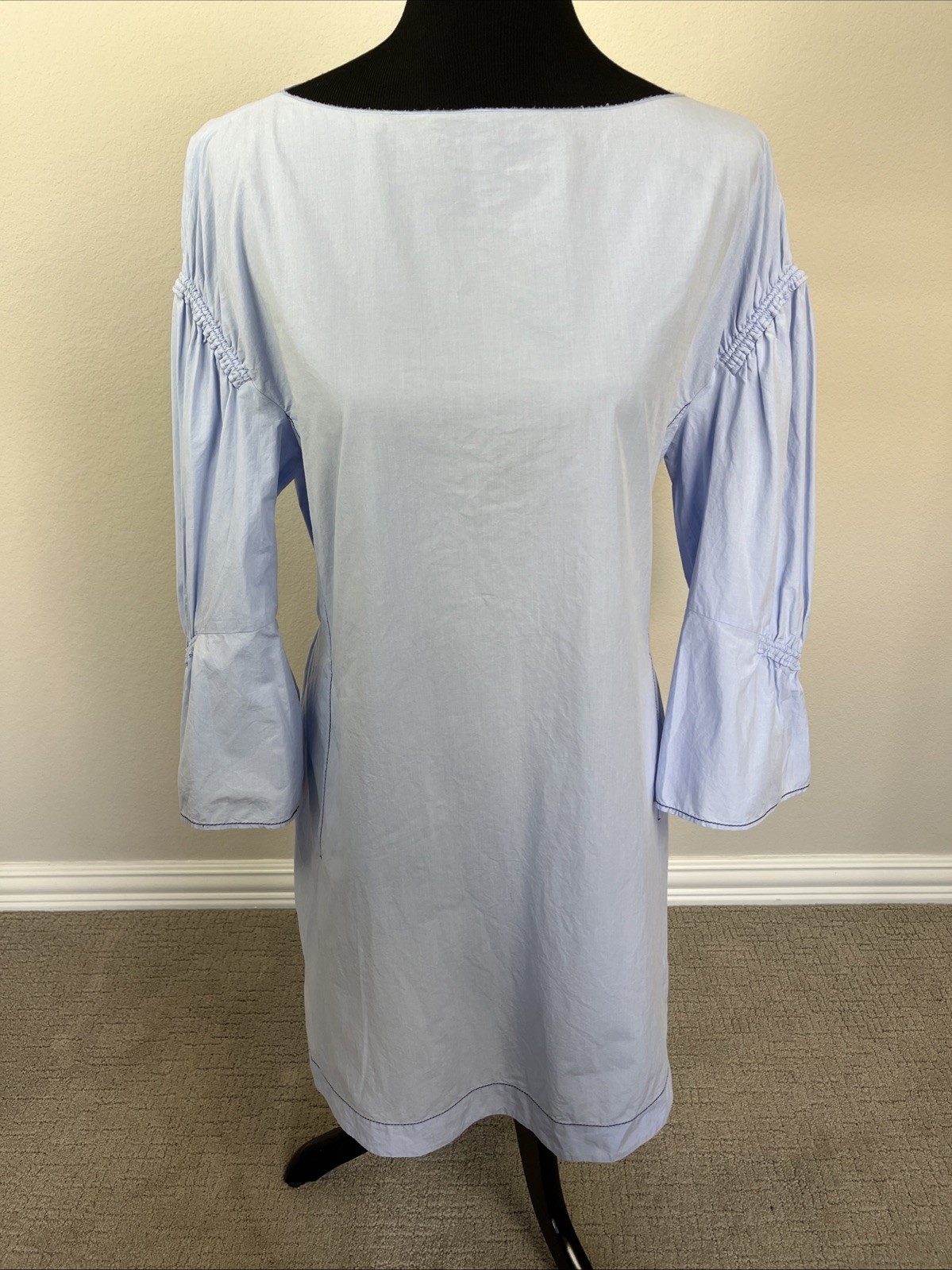 3.1 Phillip Lim $650 4/6 40″ Cotton Gathered Bell Sleeve Shift Dress Blue MINT