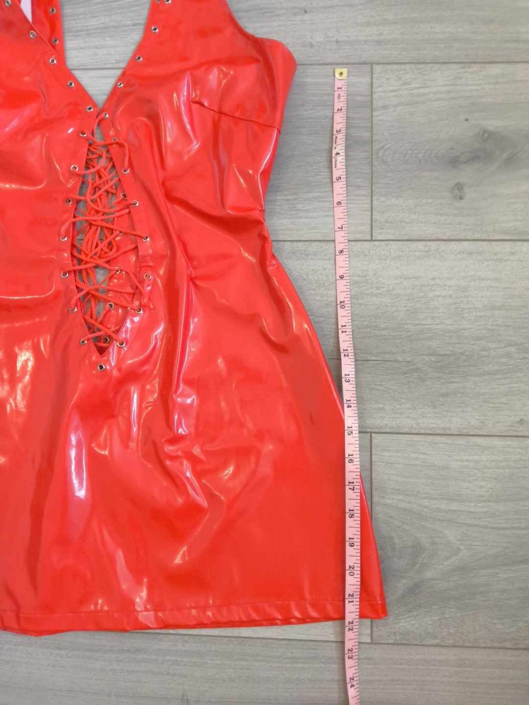 BNWOT Bright Red PVC Plunge Neck Lace Up Front & Back Bodycon Dress Size 10-14