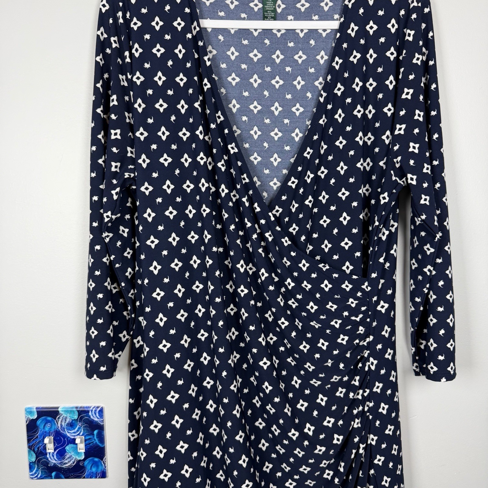 Lauren Ralph Lauren Jersey Knit Navy Blue White Ruched Midi Faux Wrap Dress 1X