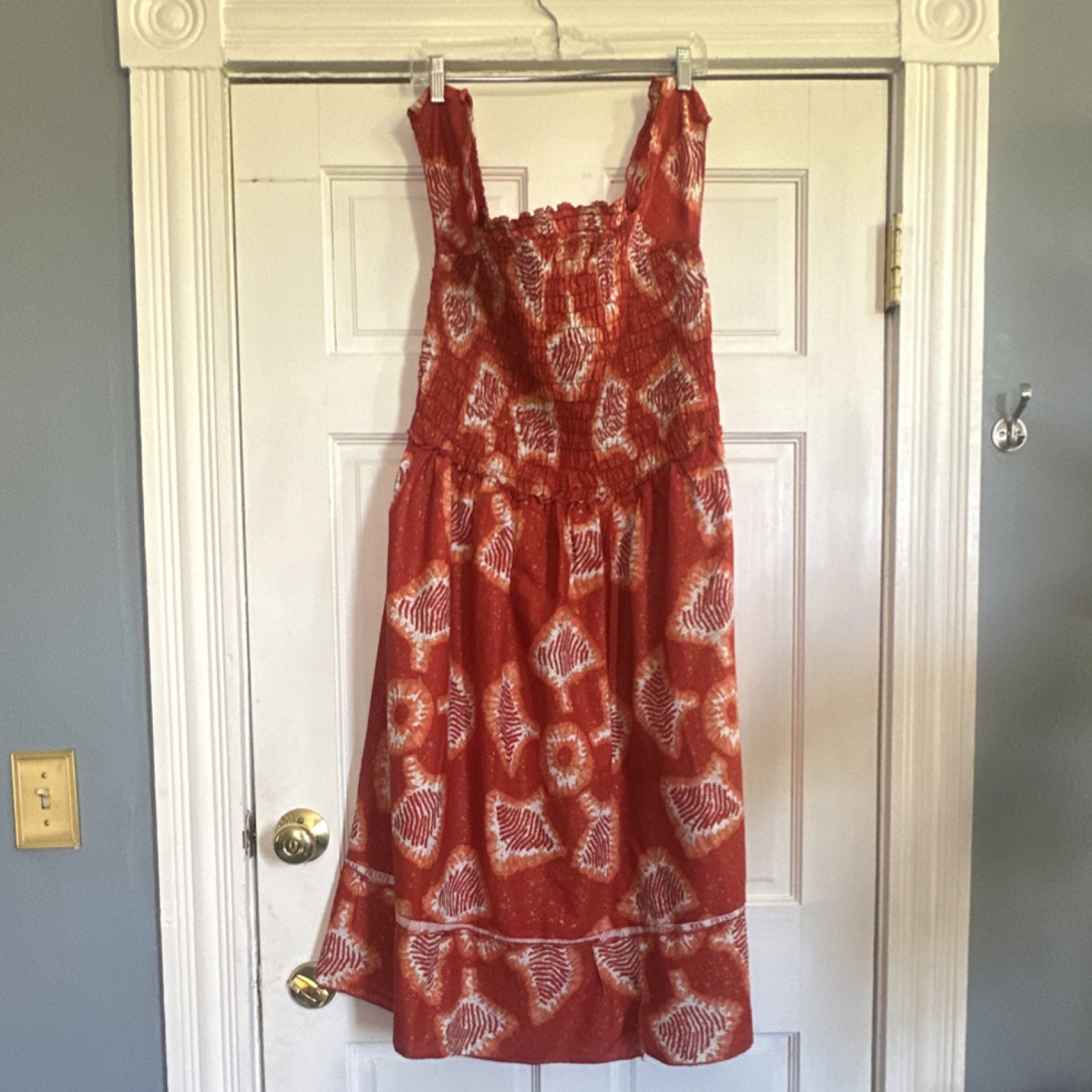 London Wax Prints Red Orange Geometric Smocked Midi Dress Cotton