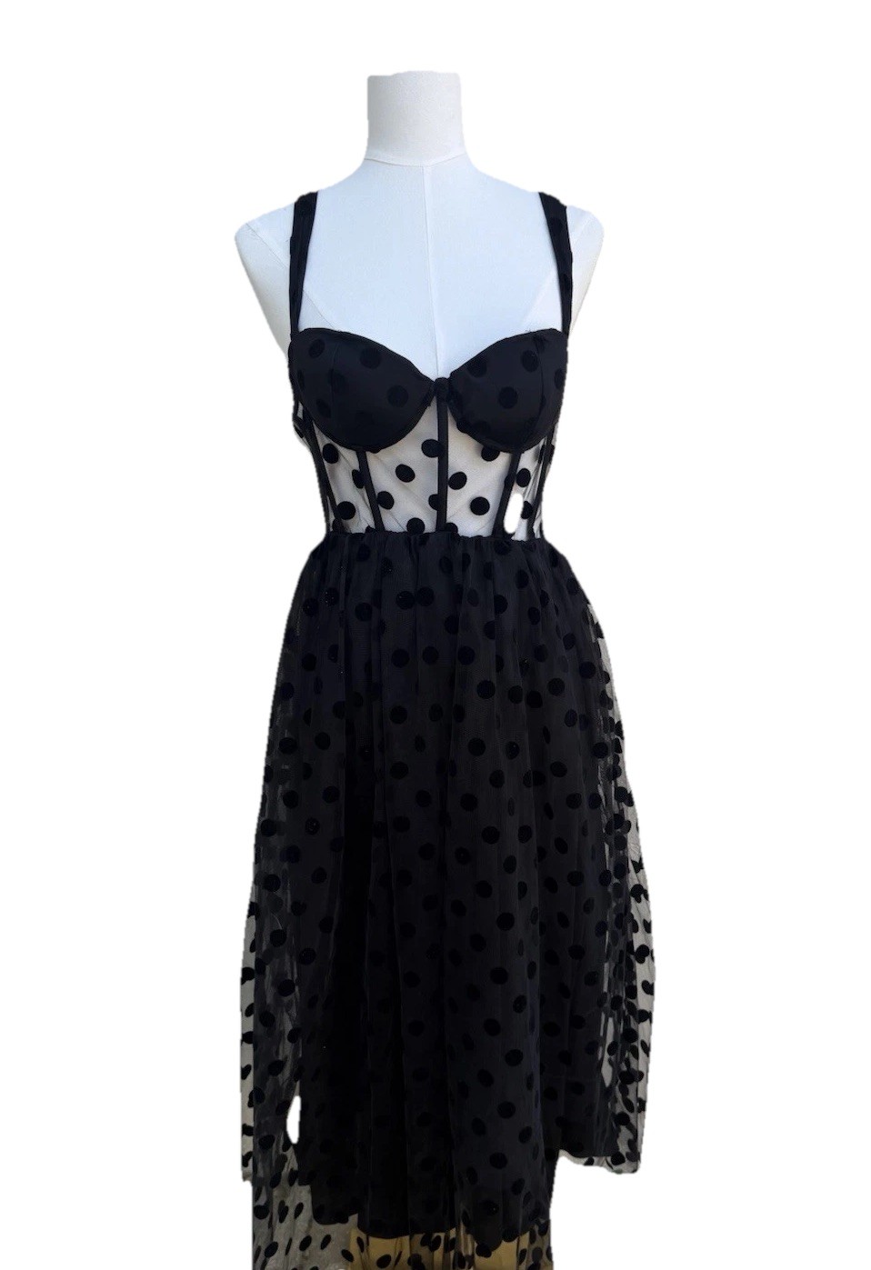 Black Polka Dot Mesh Midi Dress Womens Small Sheer Cocktail Wedding Guest Formal