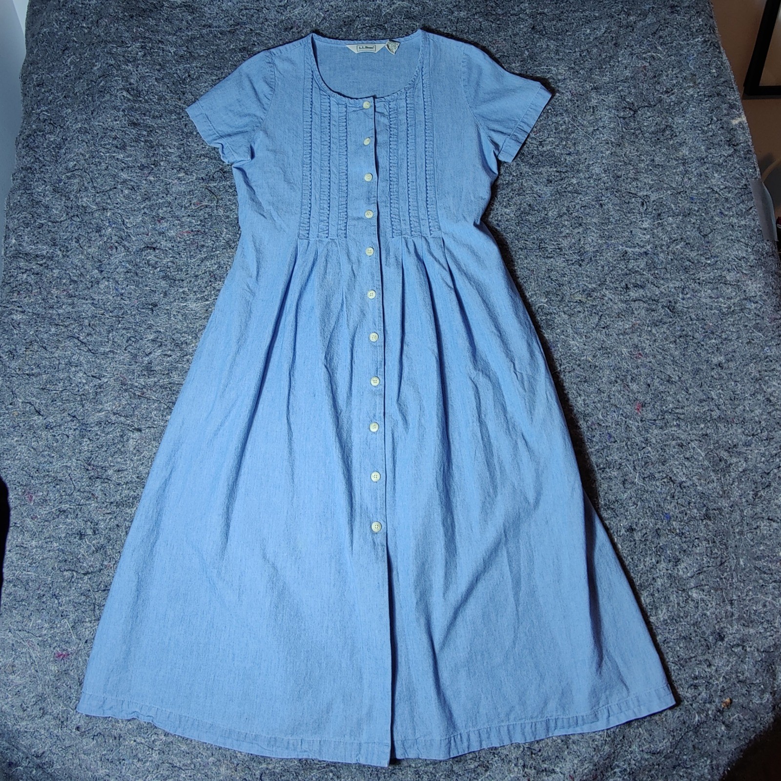 Vintage LL Bean Womens Small Blue Cotton Pintuck Button Front Midi Dress Pockets