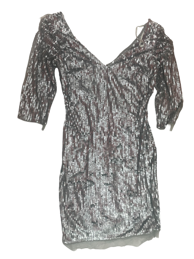 Cassandra Stone Dress Sequins Bare Back Silver, Size 6