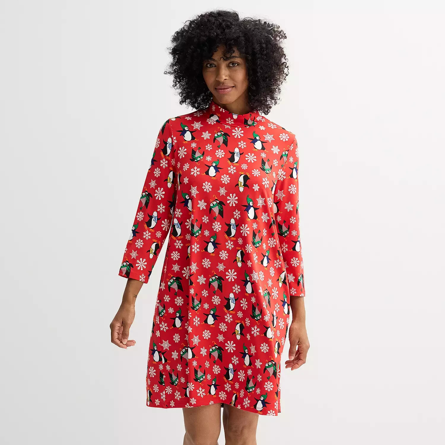 Womens Sizes Jollidays Long Sleeve Mock Neck Christmas Dress Knee Length